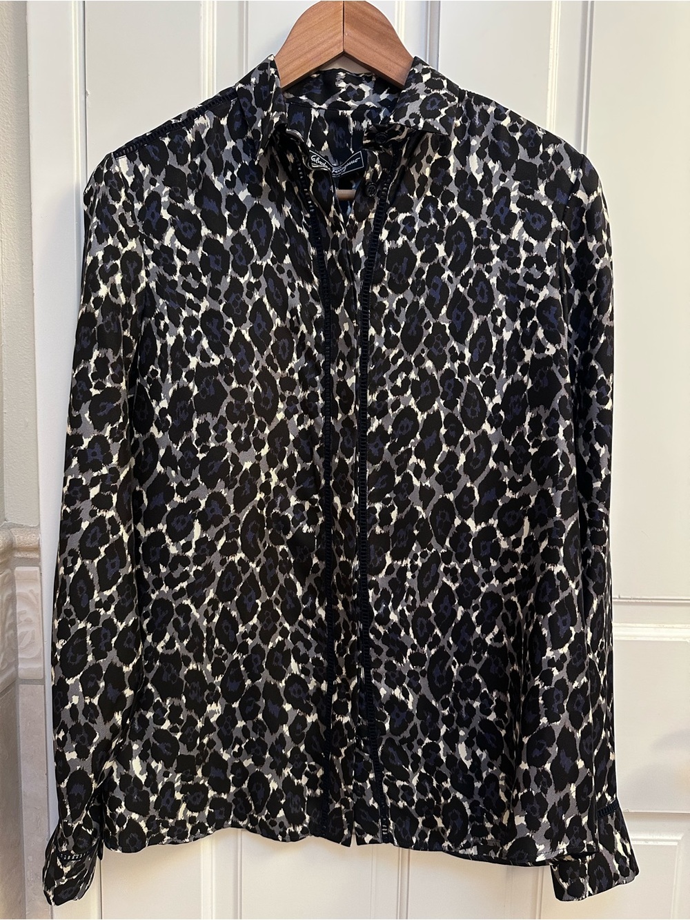 New Salvatore Ferragamo Black, White and Navy Leopard Print Blouse size small
